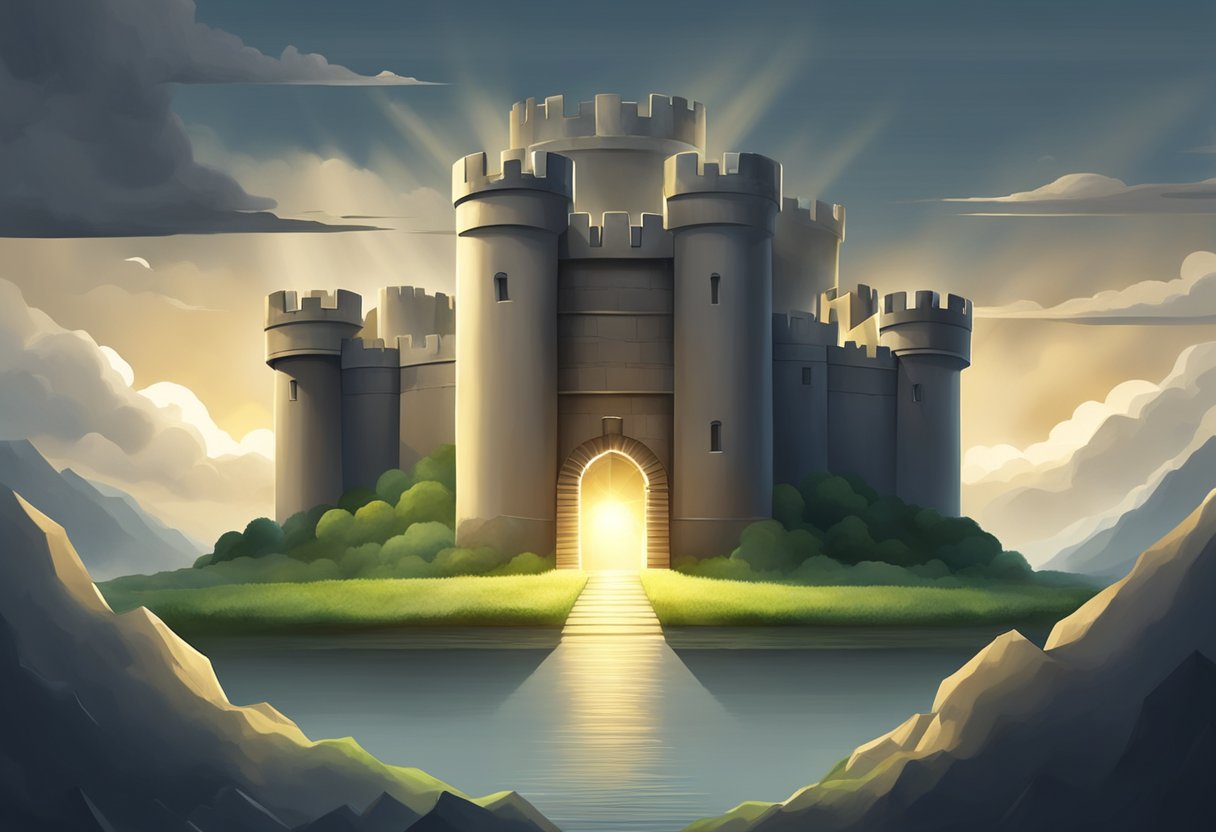 A sturdy fortress surrounded by a shield, with a beam of light breaking through the clouds, symbolizing protection and stability from financial instability