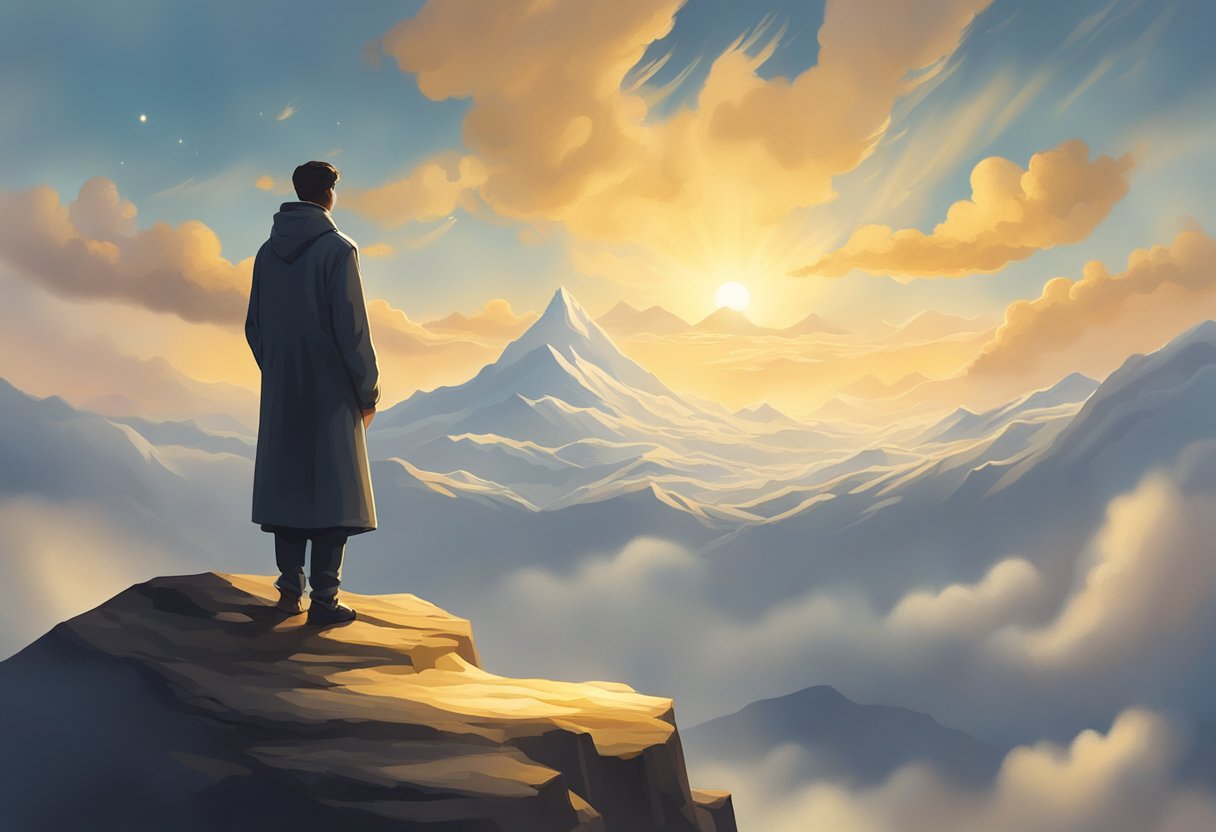 A solitary figure stands on a mountain peak, surrounded by swirling clouds and a golden glow, reaching towards the sky in a gesture of longing and hope