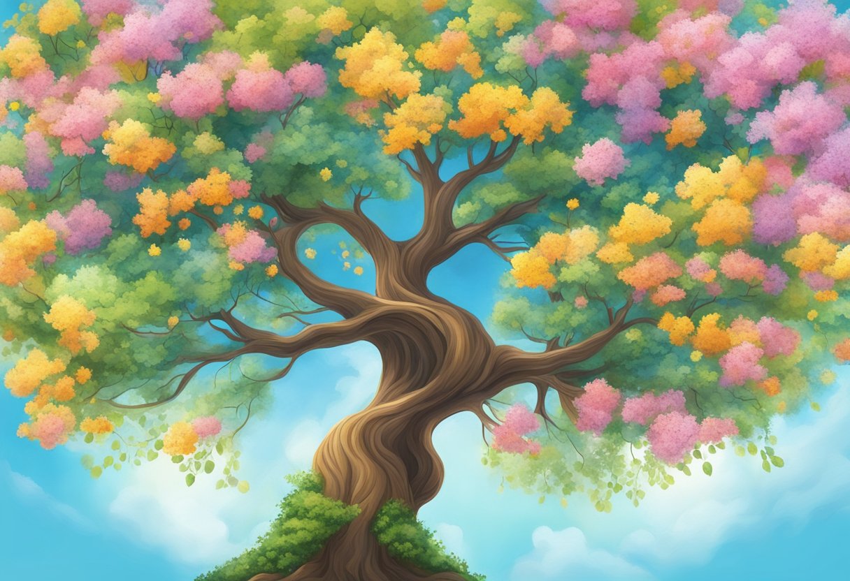 A tree reaching towards the sky, surrounded by blooming flowers and vibrant greenery, symbolizing spiritual growth and breakthrough in personal development