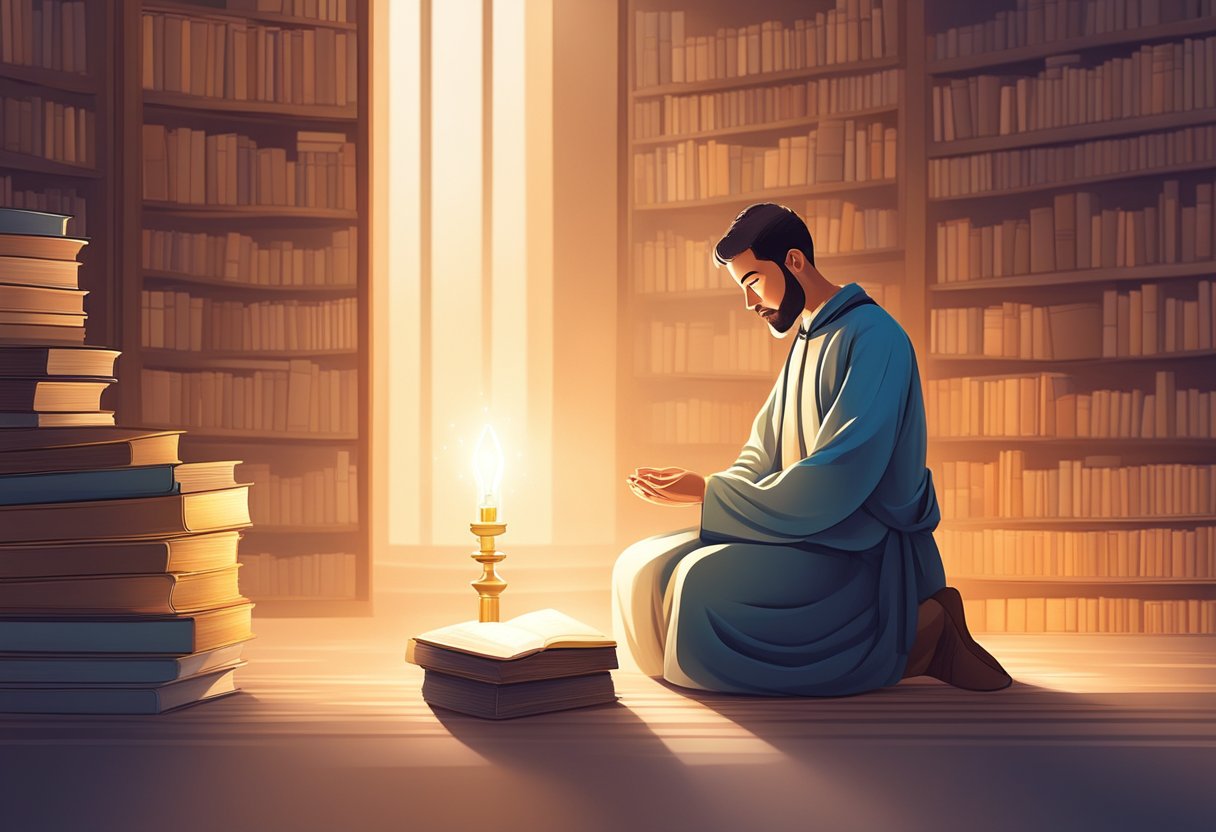 A person kneeling in prayer, surrounded by books and a glowing light, symbolizing spiritual growth and breakthrough