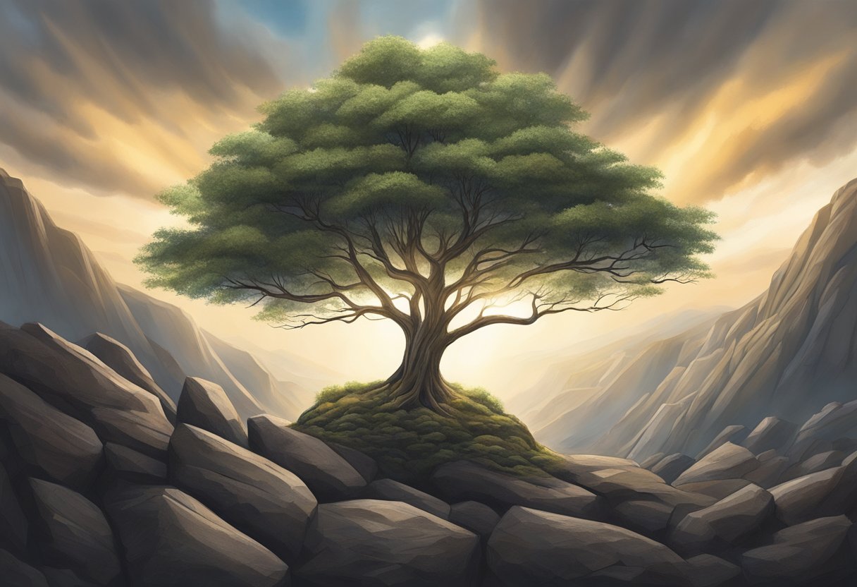 A lone tree stands tall amidst rocky terrain, its branches reaching towards the sky. Dark clouds loom overhead, but a ray of sunlight breaks through, illuminating the tree and symbolizing hope and breakthrough in personal growth and development