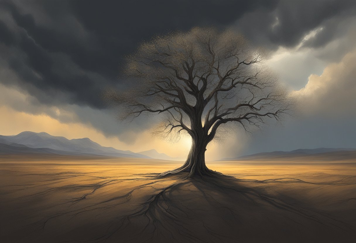A lone tree stands tall in a barren landscape, its branches reaching towards the sky. Dark storm clouds loom overhead, but a faint ray of sunlight breaks through, casting a hopeful glow on the tree