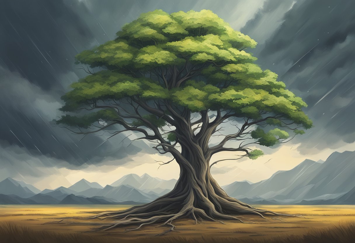 A lone tree stands tall amidst a storm, its roots firmly grounded as it withstands the force of the wind and rain