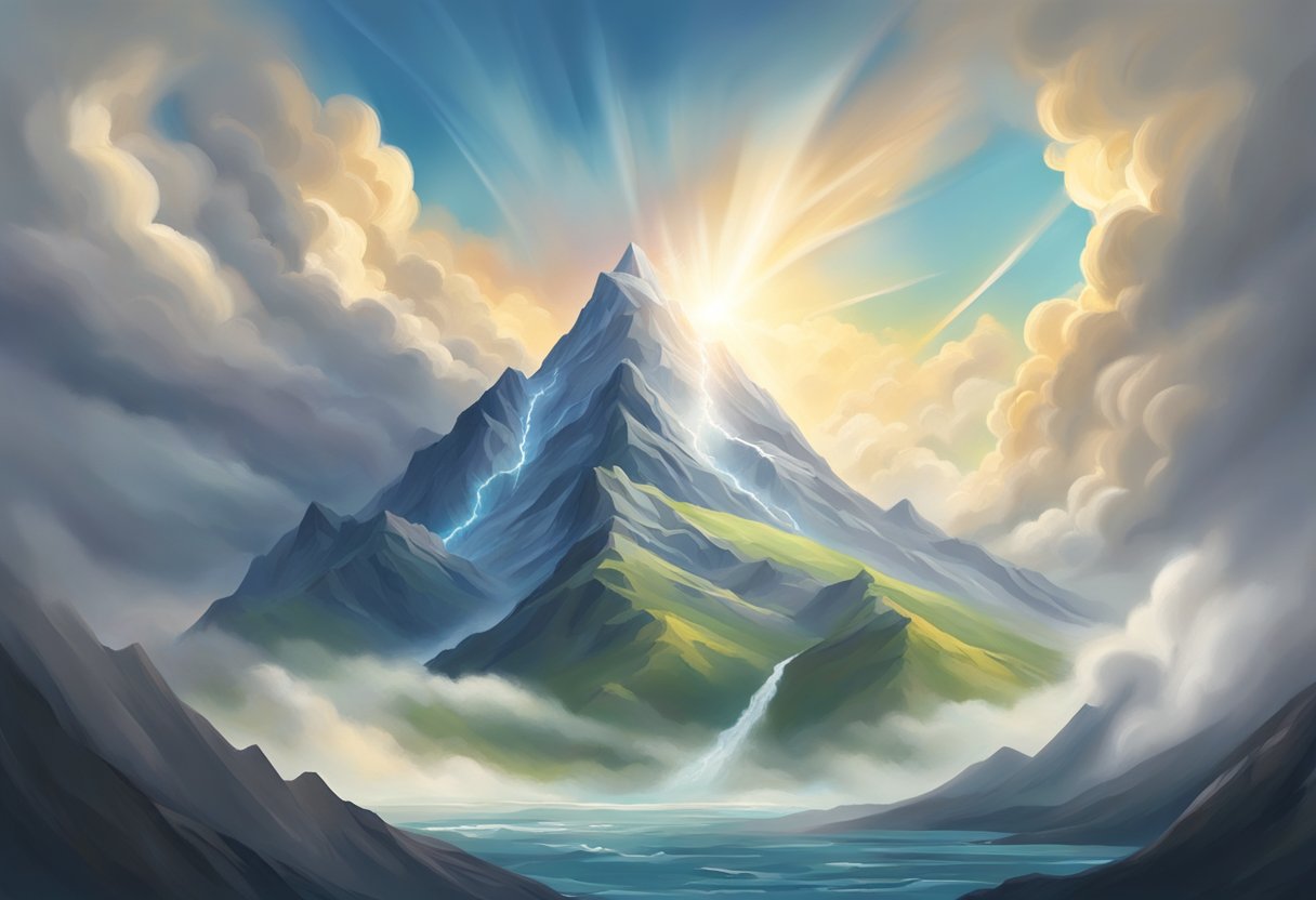 A towering mountain stands firm against turbulent winds, symbolizing inner strength. A beam of light breaks through the clouds, illuminating the mountain's peak