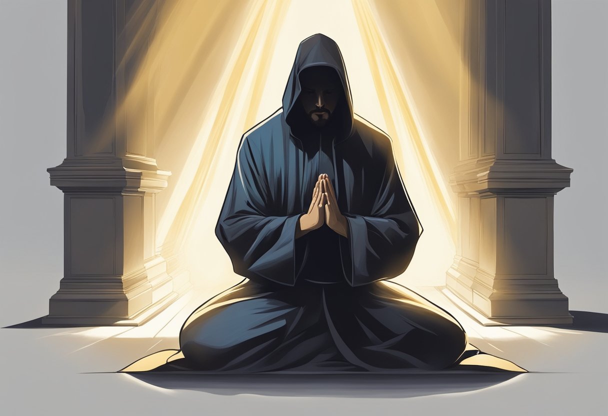 A figure kneels in prayer, surrounded by dark shadows. A beam of light breaks through, illuminating the figure, symbolizing strength overcoming weakness