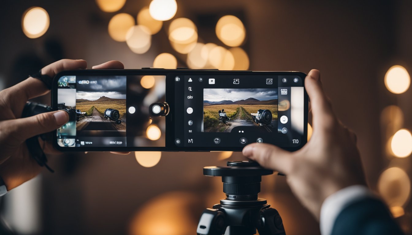 A person setting up a camera on a tripod, with a smartphone displaying Instagram open to the video recording interface