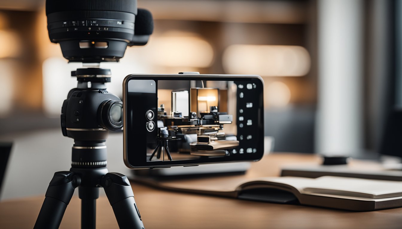 A camera on a tripod records a table with various objects, including a smartphone and a notebook, in a well-lit room