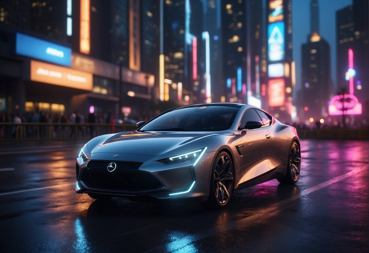 A futuristic cityscape with sleek, AI-powered vehicles zooming through neon-lit streets, surrounded by towering skyscrapers and advanced technology