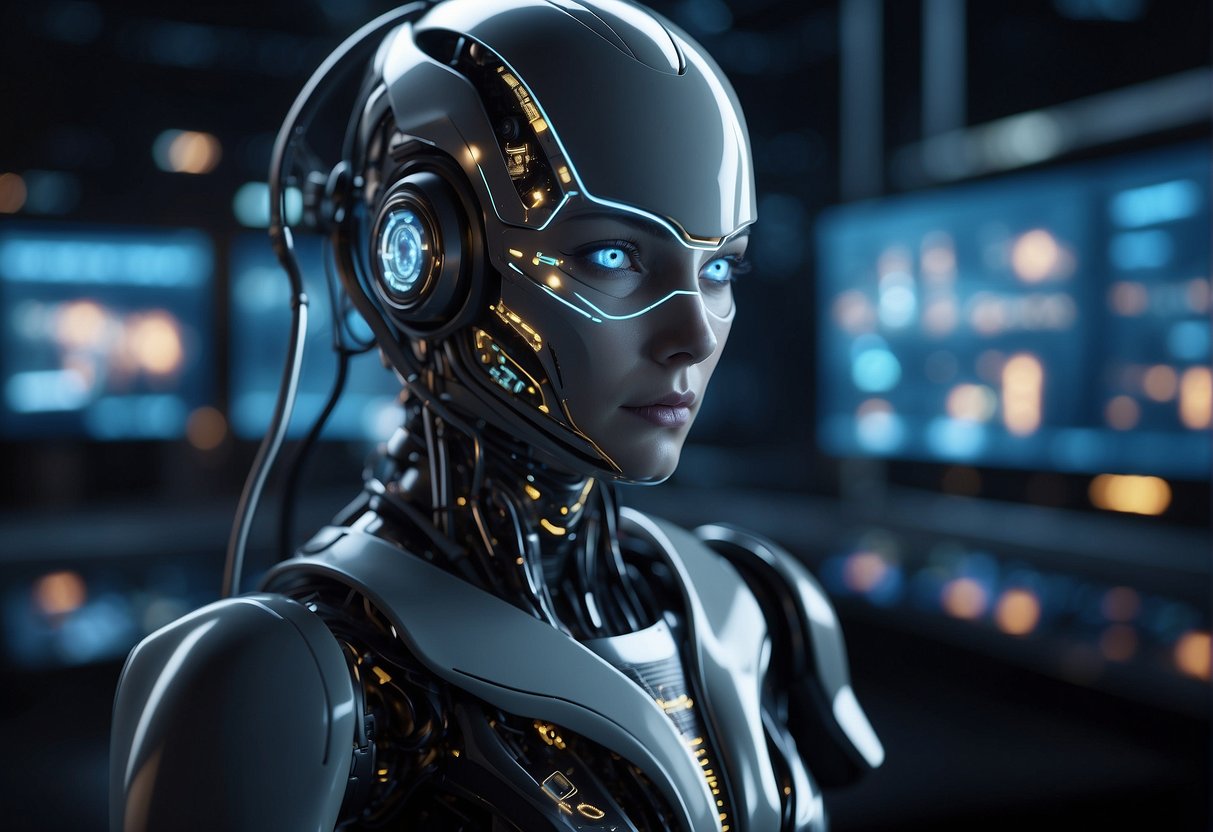 A futuristic AI system analyzes data, surrounded by glowing screens and advanced technology