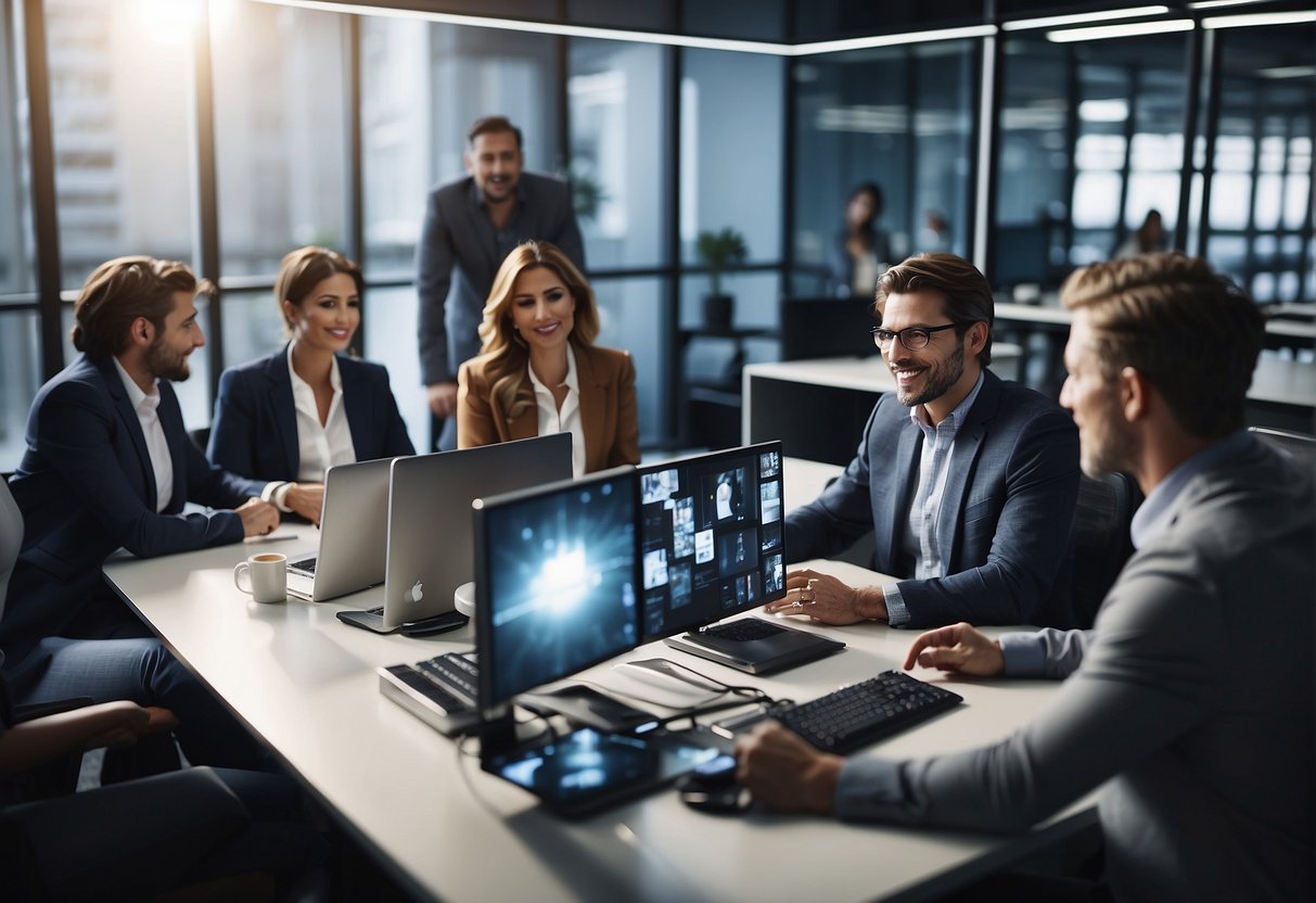 A bright, modern office setting with a computer screen displaying Pictory AI alternatives. A diverse group of people discussing and brainstorming ideas
