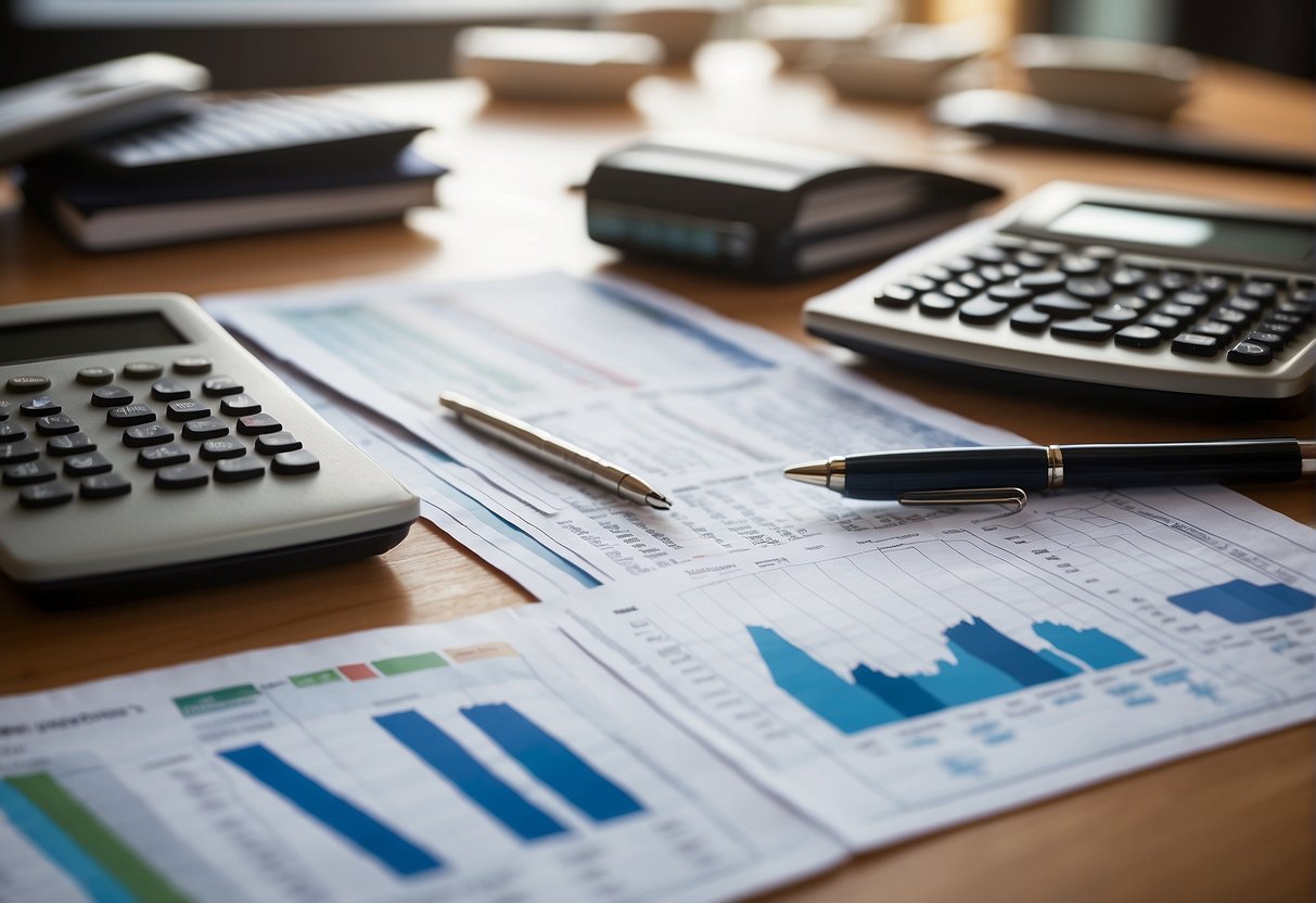 A table with various pricing and budgeting charts and graphs, surrounded by calculators, pens, and papers. A thoughtful person is comparing different options