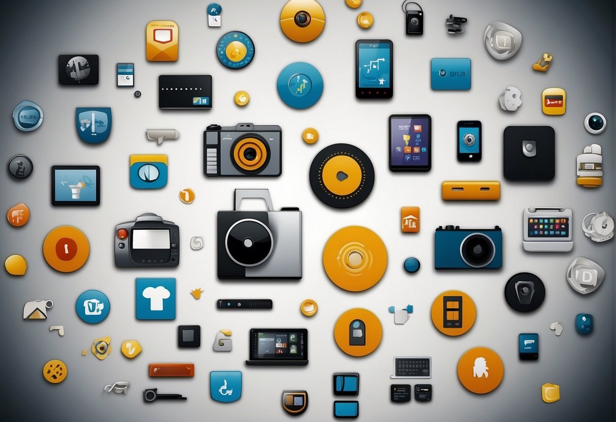 A diverse array of technology icons and symbols, such as a camera, a computer, a smartphone, and a robot, arranged in a dynamic and modern composition