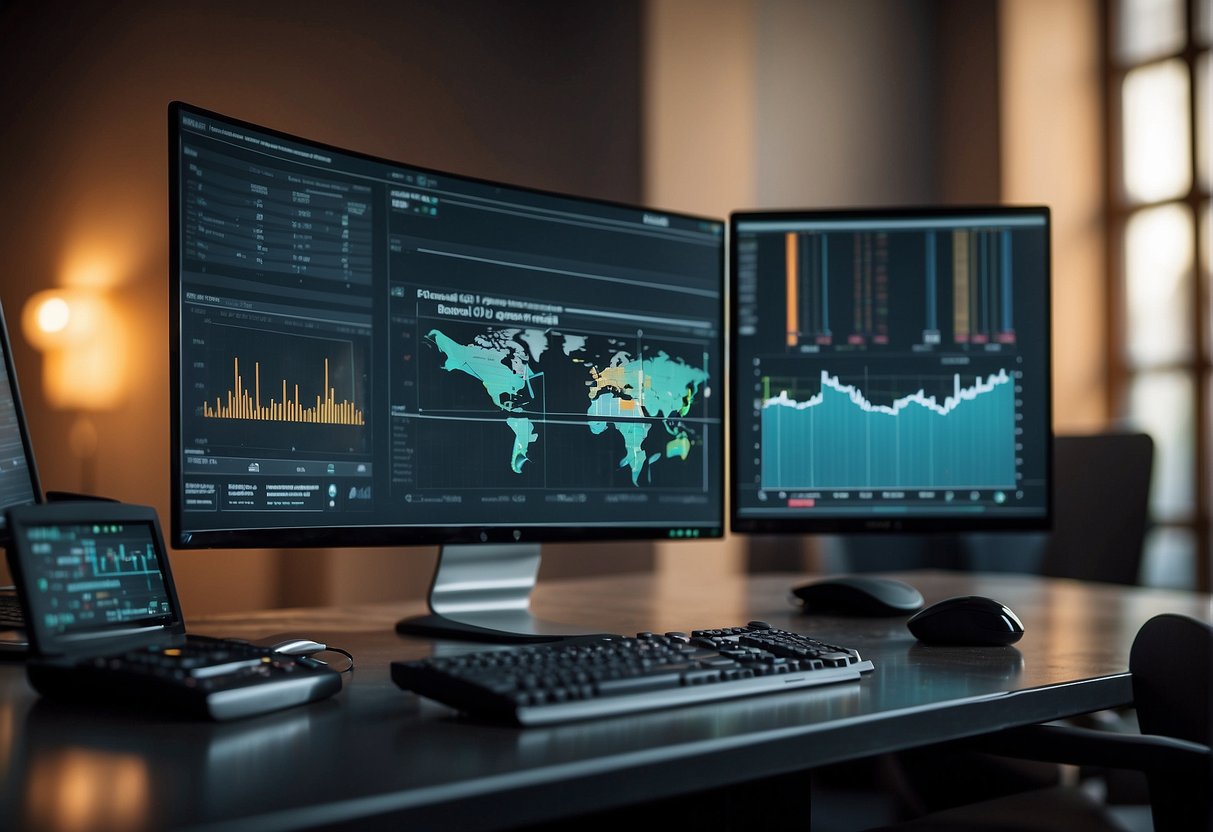 Bright computer screens show various vidiq alternatives. Charts and graphs display data. A person uses a mouse and keyboard to navigate the options