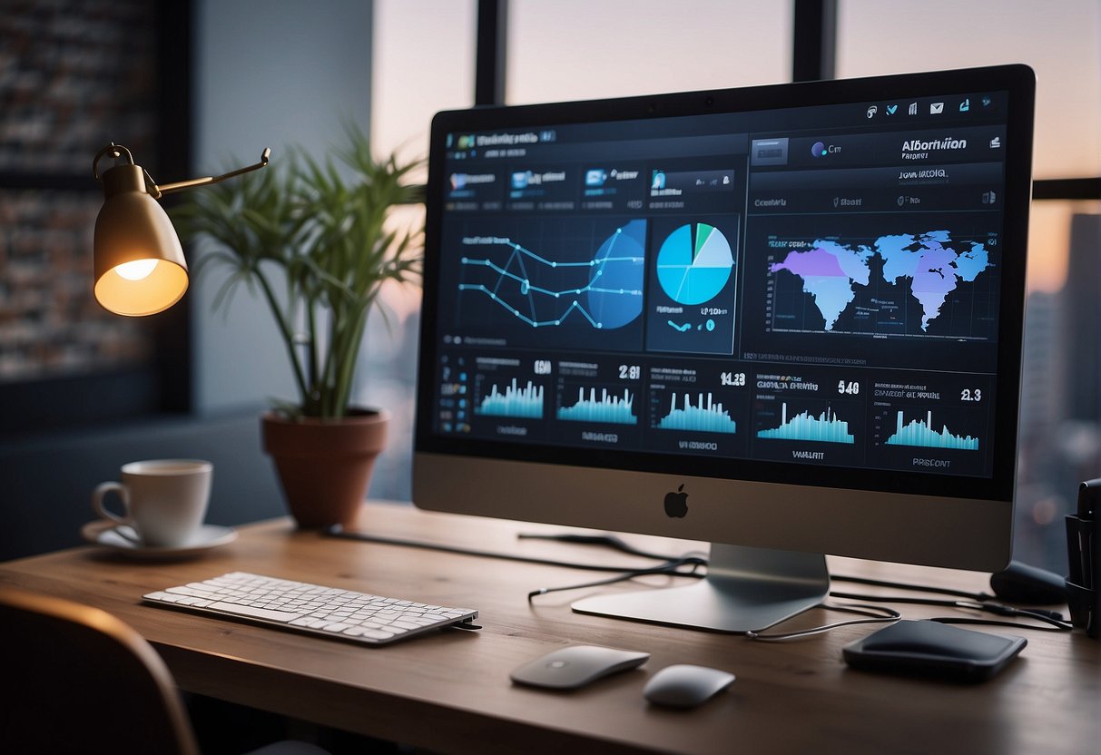 A computer screen showing vidiq alternatives with charts and graphs, surrounded by social media icons and video thumbnails
