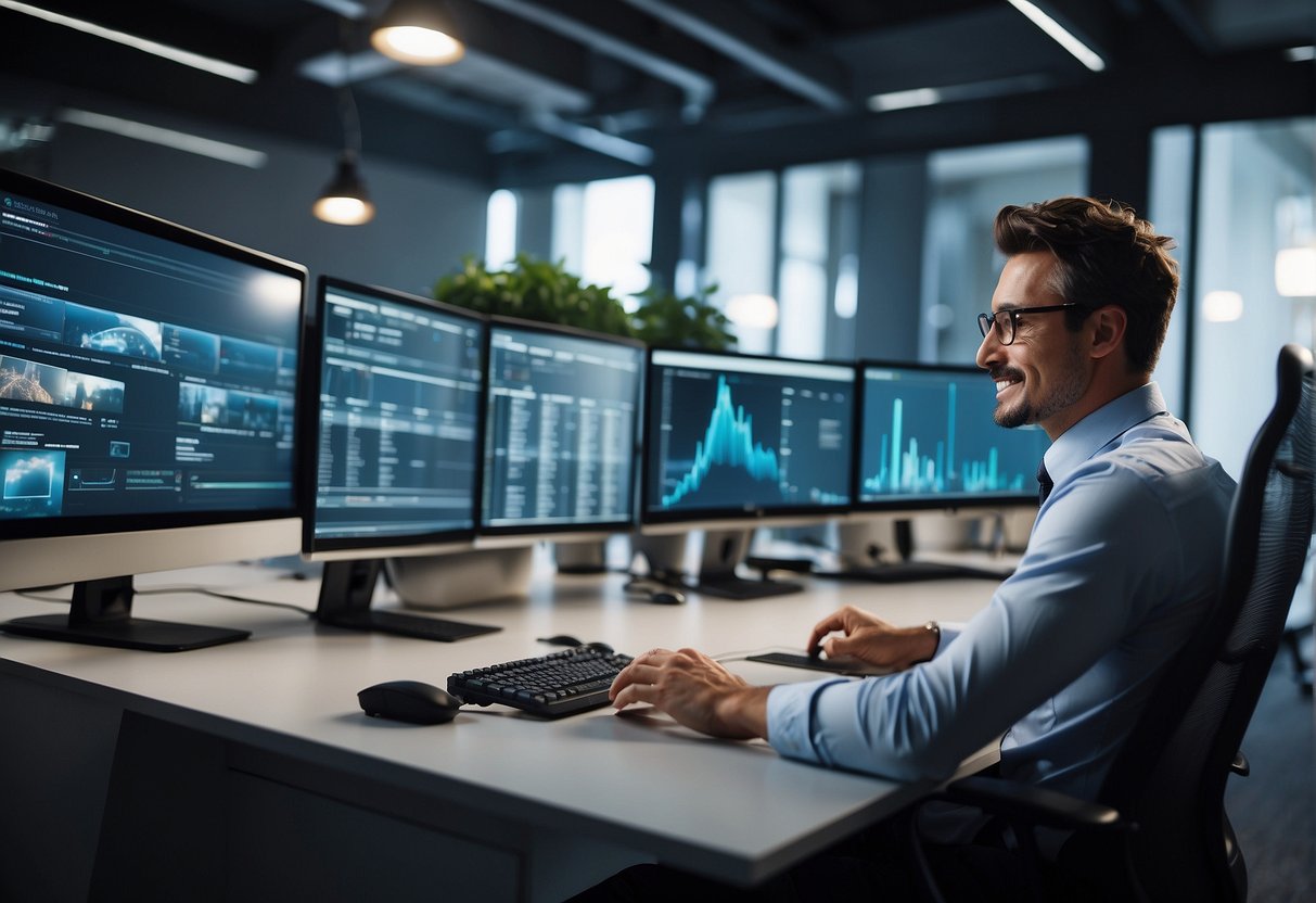 A vibrant, modern office setting with computer screens displaying various video analytics tools. A group of professionals engaged in lively discussion about vidiq alternatives