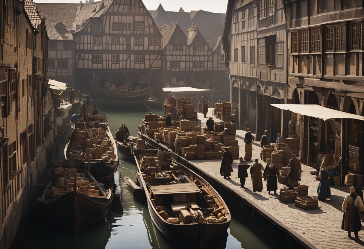 The Hanseatic League: Commerce and Culture in Medieval Europe – An Economic Powerhouse Unveiled - Merchants and ships bustling in a bustling medieval port, with goods being loaded and unloaded from vessels. The architecture of the Hanseatic League's warehouses and trading posts looms in the background