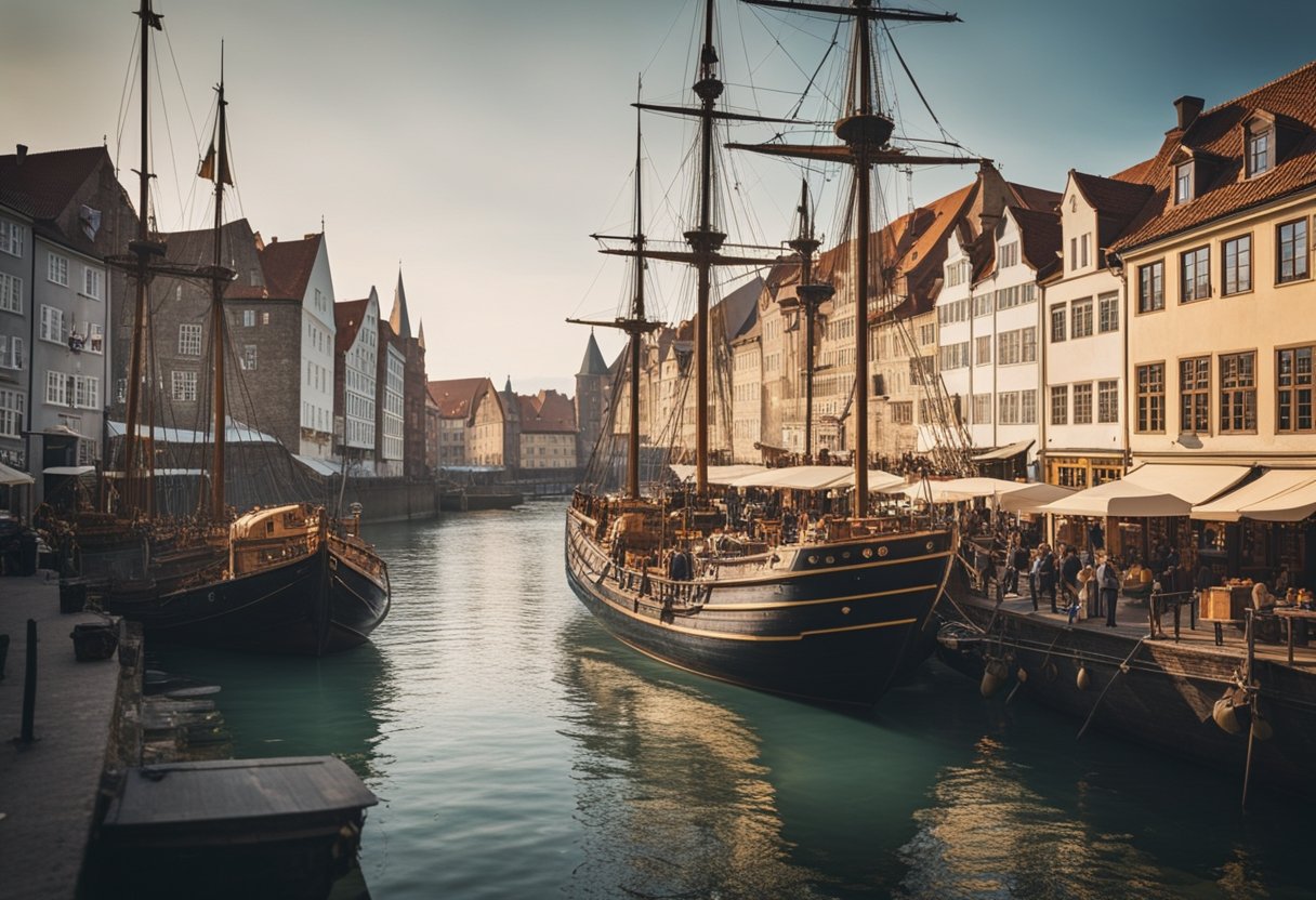 The Hanseatic League - Ships from different European cities converge at a bustling medieval port, exchanging goods and ideas under the banner of the Hanseatic League