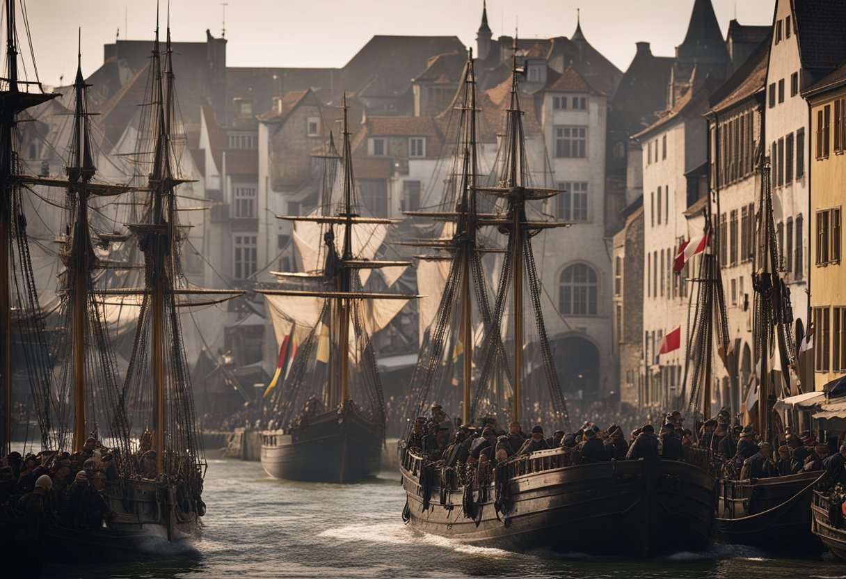 The Hanseatic League: Discover Powerful Economic in Medieval Europe - Ships from different European cities clash in a bustling medieval port, while armed guards stand watch, representing the trade conflicts and military protection of the Hanseatic League