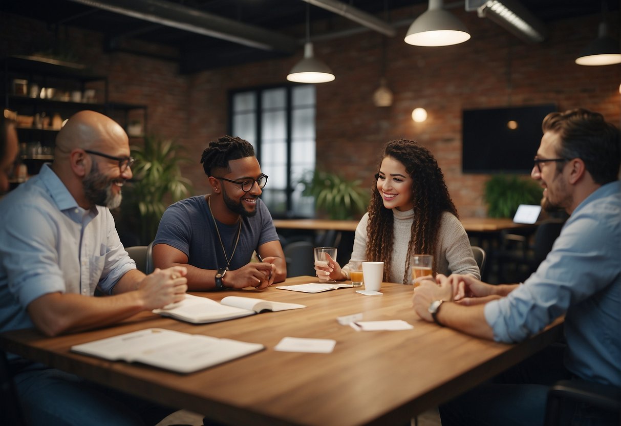 A group of diverse people gather around a table, brainstorming and exchanging ideas in a creative and collaborative environment at Bardeen Alternatives