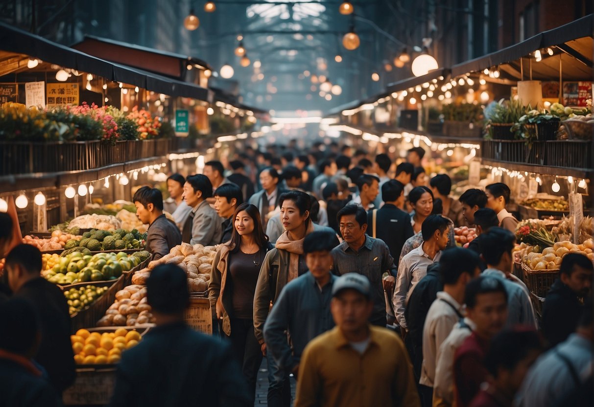 A crowded marketplace with various vendors selling similar products, each trying to outshine the others with colorful displays and eye-catching signage