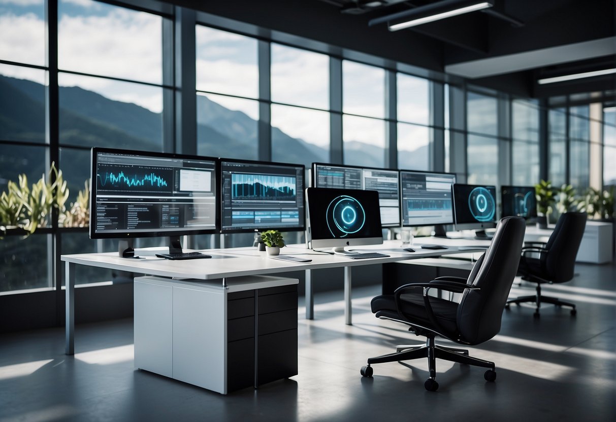 A sleek, modern office setting with computer screens displaying seamless integration and workflow automation options