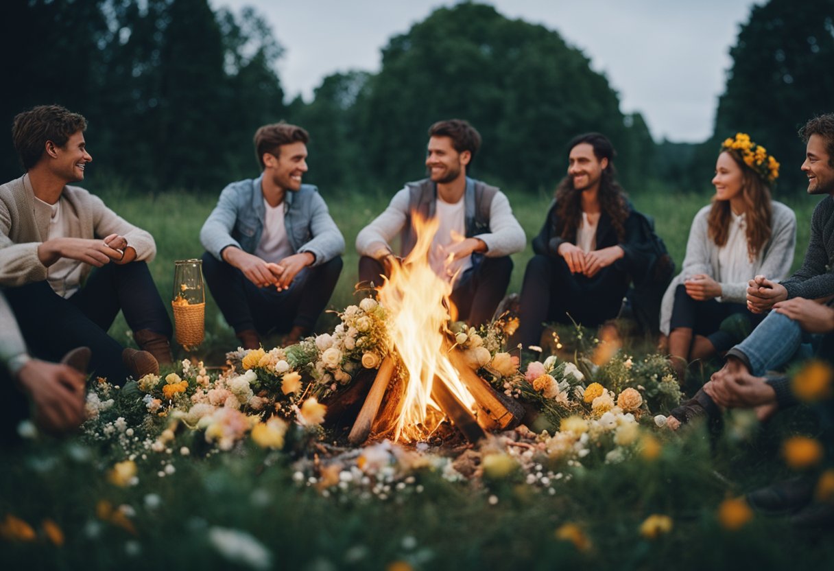 Pagan Ancient Festivals Reimagined in Modern Europe: A Cultural Retrospective - A group of people gather around a bonfire, adorned with flowers and ribbons, celebrating the ancient festival of Beltane in a modern European setting