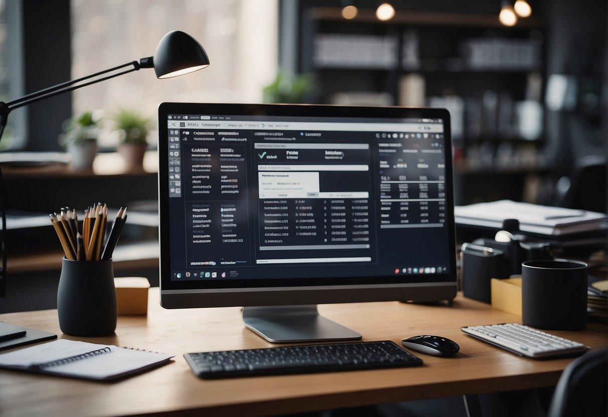 A desk with a computer screen displaying various task and project management tools, surrounded by office supplies and a calendar