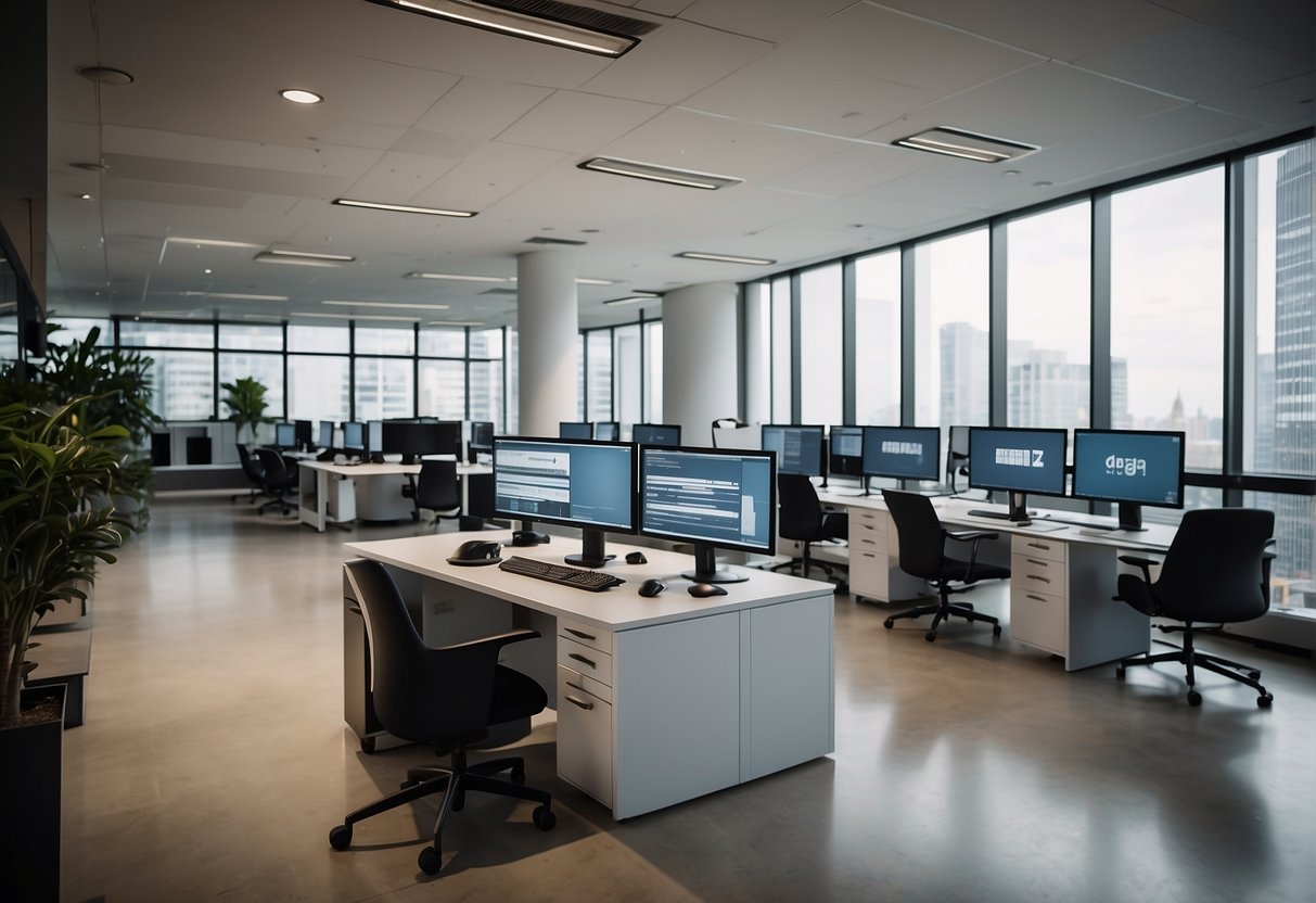 A sleek, modern office setting with computer screens displaying various sales and marketing automation platforms, with a focus on Bardeen alternatives