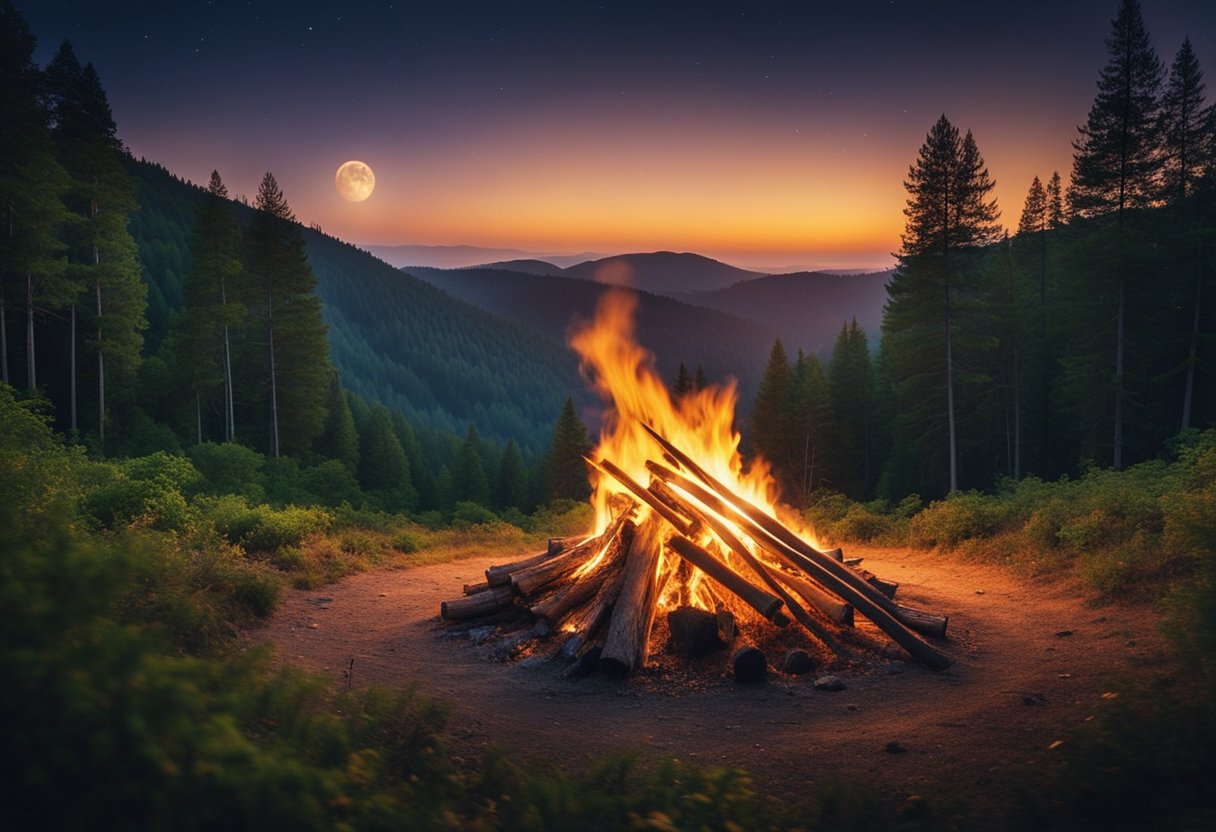 Pagan Ancient Festivals Reimagined in Modern Europe: A Cultural Retrospective - A bonfire burns brightly in the center of a forest clearing, surrounded by colorful ribbons and symbols of nature. The moon shines overhead, illuminating the scene