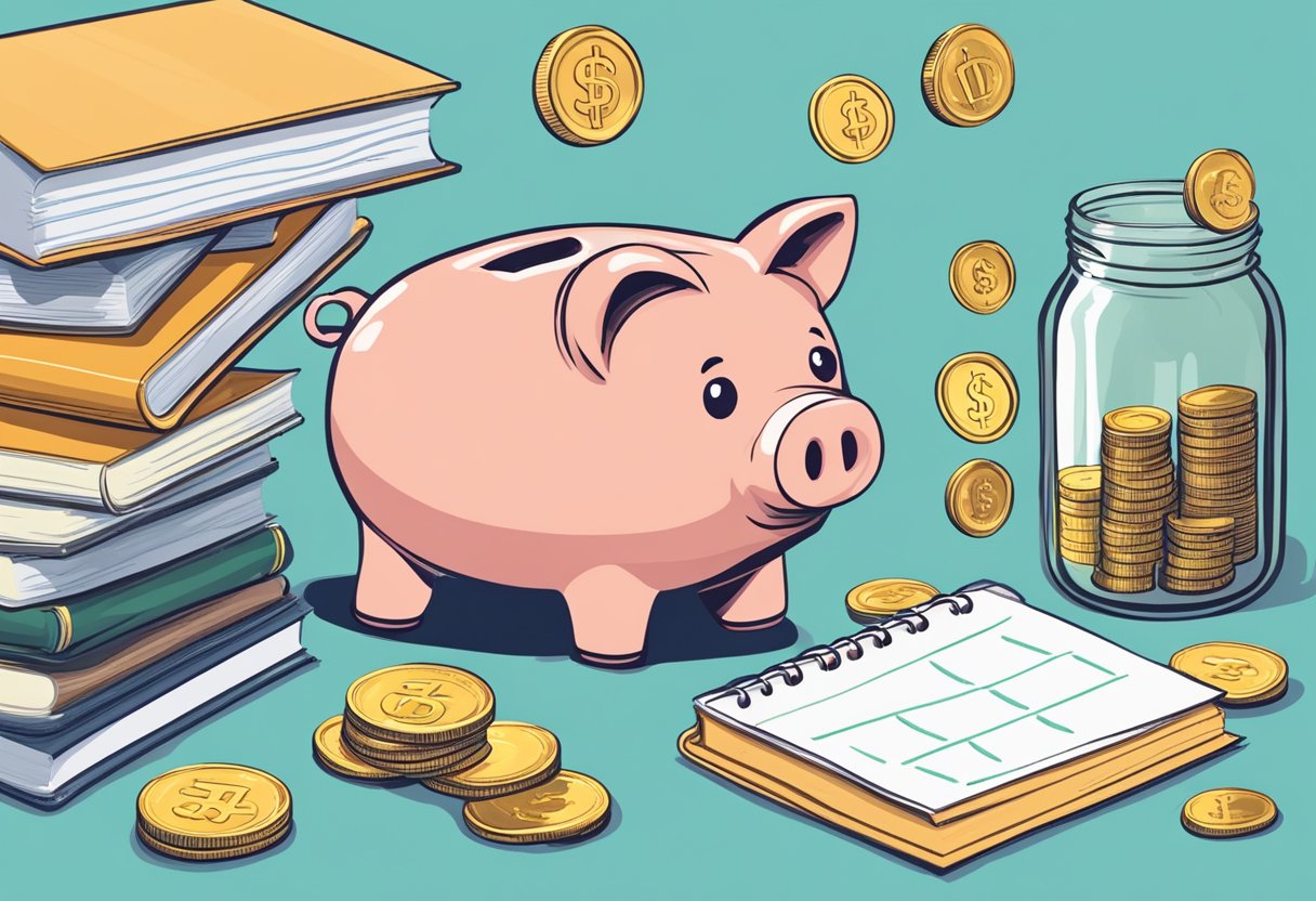 A piggy bank with coins spilling out, a jar labeled "car fund", a calendar with marked savings goals, and a stack of budgeting books, Best way to save for a car