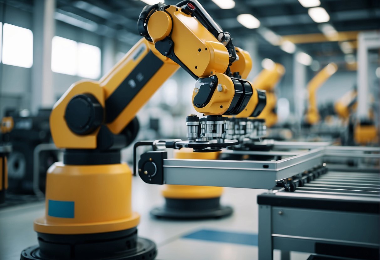 Robotic arms assemble products in a modern factory. AI algorithms analyze data on screens. Automated vehicles move goods in a smart logistics center