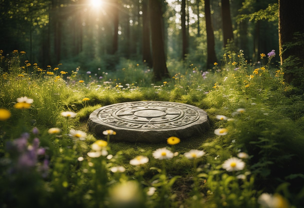 Pagan Ancient Festivals Reimagined in Modern Europe: A Cultural Retrospective - A stone circle stands amidst a lush forest, adorned with wildflowers and ancient symbols. The sun casts a warm glow on the sacred site, as birds sing and the air hums with spiritual energy