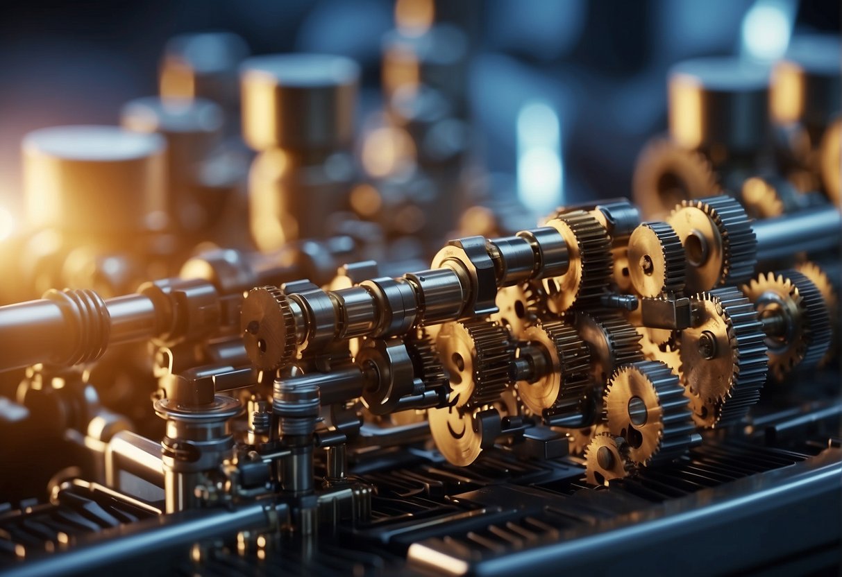 A complex network of interconnected gears and machinery, with various electronic components and sensors, working together to automate specific tasks for Bardeen Alternatives
