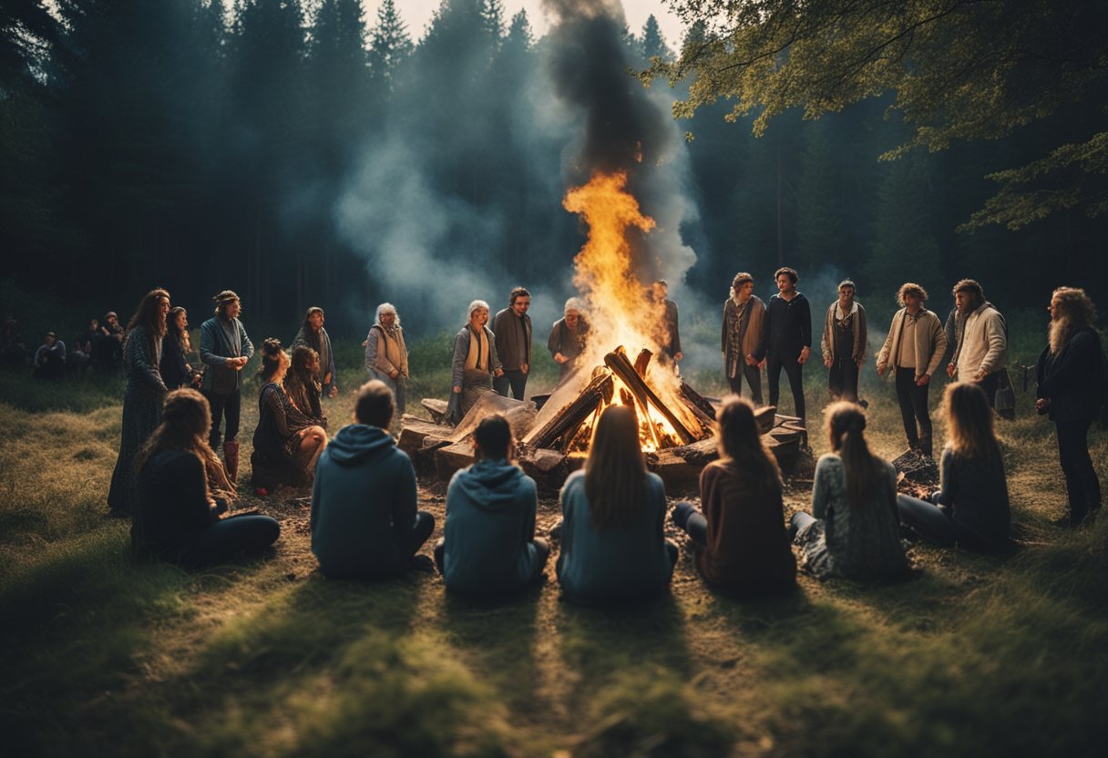 Pagan Ancient Festivals Reimagined in Modern Europe: A Cultural Retrospective - A circle of people gather around a bonfire in a forest clearing, adorned with traditional pagan symbols and decorations, celebrating the ancient festival with music, dancing, and feasting