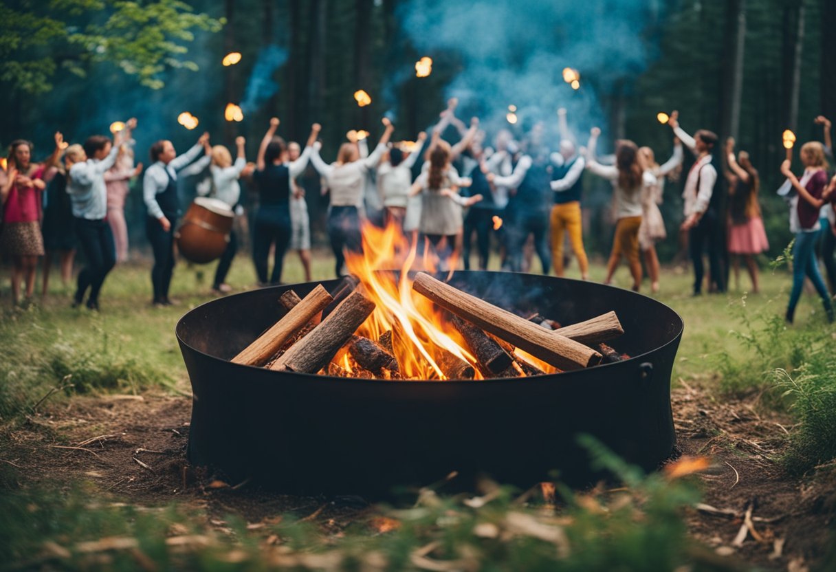 Pagan Ancient Festivals Reimagined in Modern Europe: A Cultural Retrospective - A bonfire burns brightly in the center of a forest clearing, surrounded by people holding hands and dancing in a circle. Colorful ribbons and flowers adorn the trees, and the sound of drums fills the air