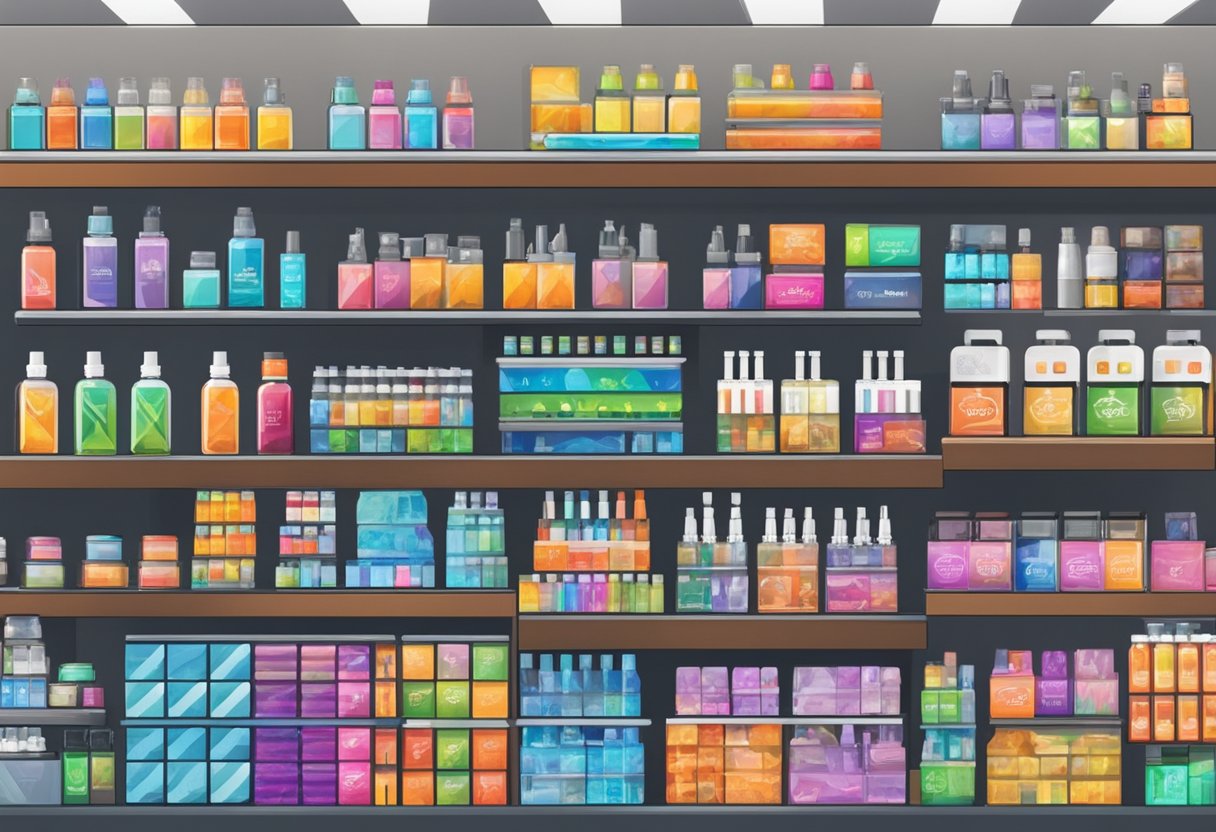 A display of vaping products in a retail setting, with shelves lined with various e-cigarettes, vape pens, and e-liquids. A Chevron sign is visible in the background