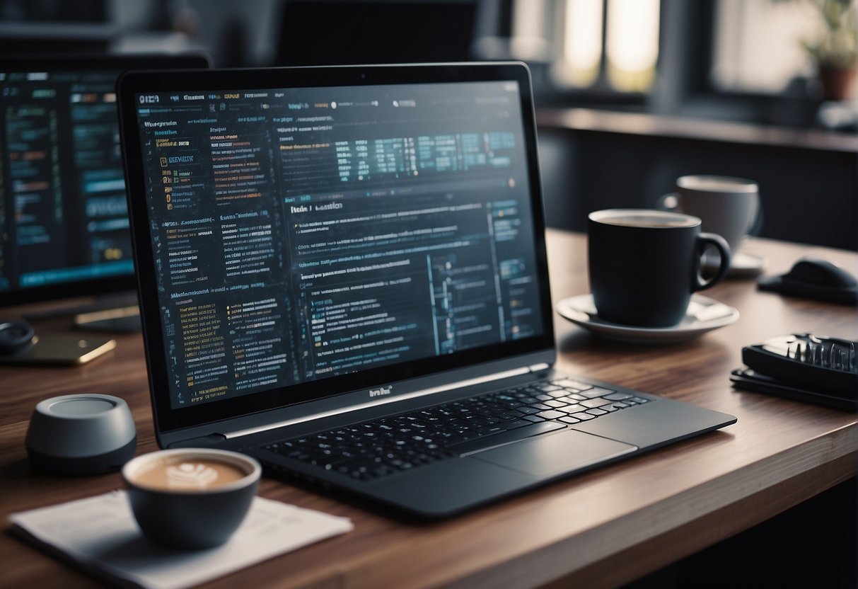 A desk with a computer displaying different chatbot platforms, surrounded by notes and research materials