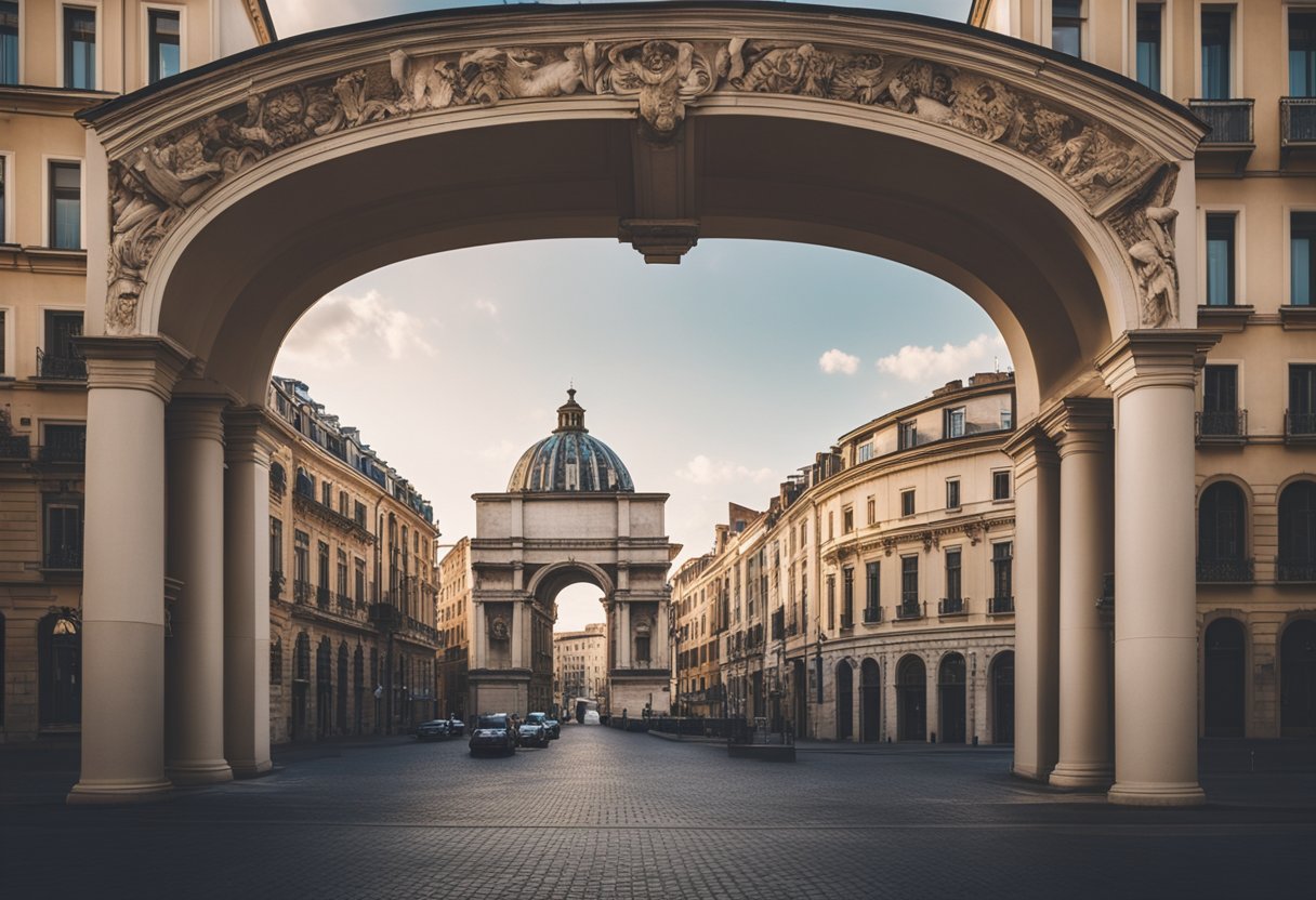 The Roman Empire’s Legacy: Discover Captivating Cultural Influence in Europe - A grand Roman arch stands amidst modern European buildings, symbolizing the enduring influence of Roman governance and culture across the continent
