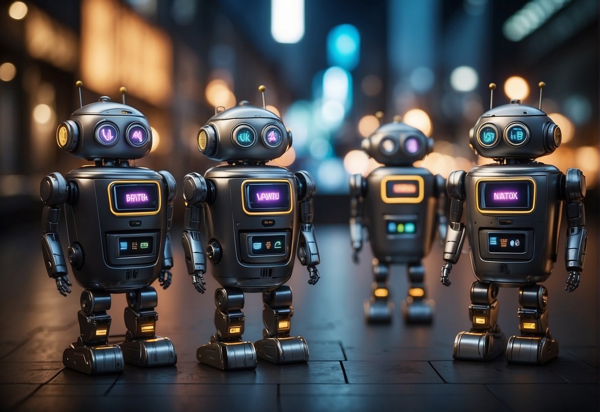 A group of advanced chatbot solutions stand side by side, each offering specialized features. The bots are sleek and modern, with cutting-edge technology on display
