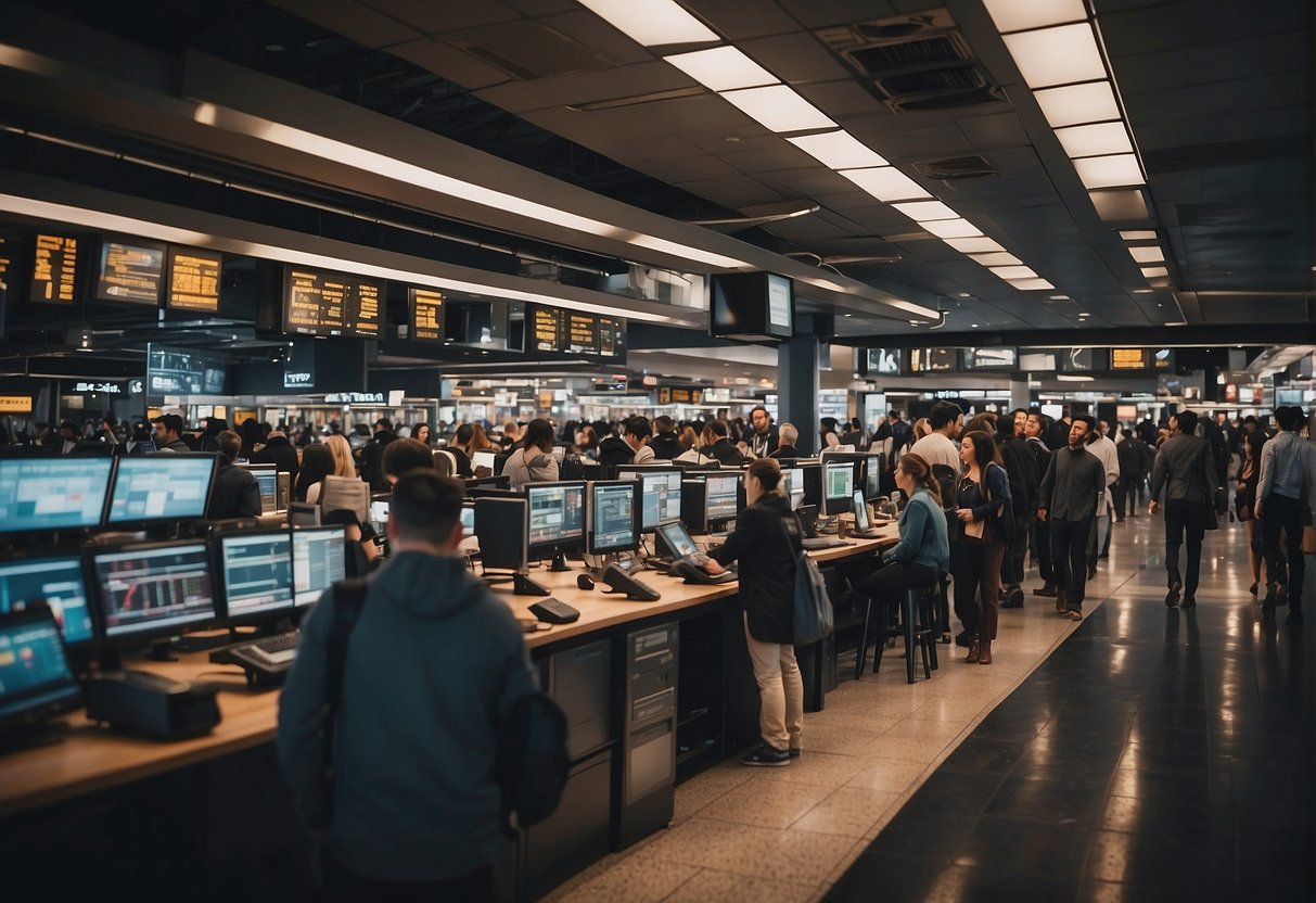 A bustling digital marketplace with various platforms and advanced tools, showcasing Botpress alternatives for tech-savvy users