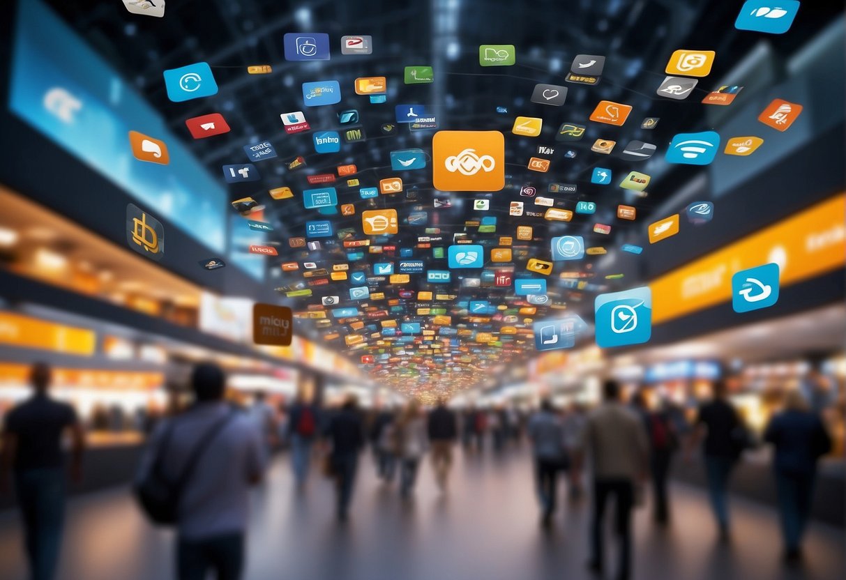 A bustling digital marketplace with various platform logos floating in the air, representing different alternatives to Botpress for industry-specific needs