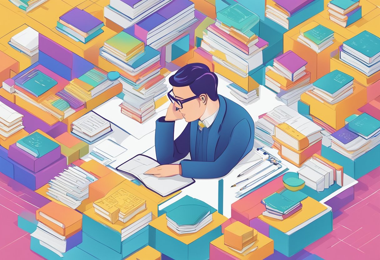 A person surrounded by books, using a notepad to write down notes and surrounded by colorful brain-shaped diagrams and charts