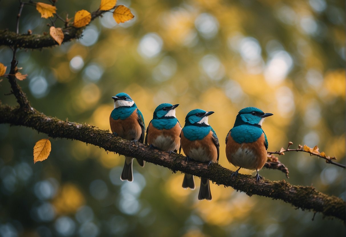 A group of birds perched on branches, scanning the sky for tweets. Forest backdrop with vibrant foliage