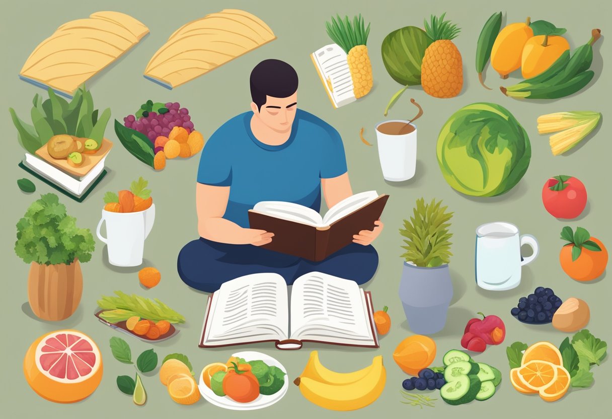 Une personne lisant un livre sur l'amélioration de la mémoire, entourée d'aliments sains et d'équipements d'exercice