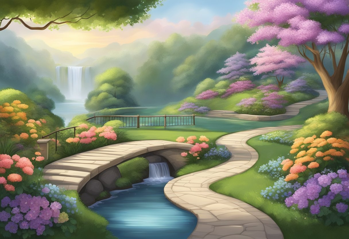 A tranquil setting with a serene atmosphere, featuring a peaceful garden with blooming flowers and a winding path leading to a calming waterfall