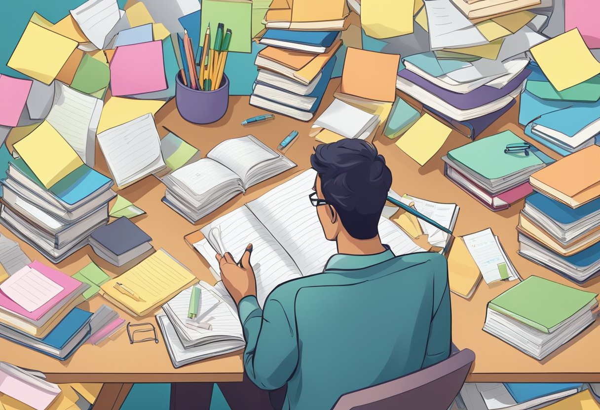 A person studying with books and notes, surrounded by memory aids like sticky notes and a calendar, with a focused and determined expression