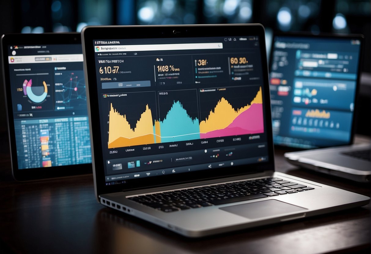 A laptop displaying various social media analytics tools, with charts and graphs showing tweet engagement and reach