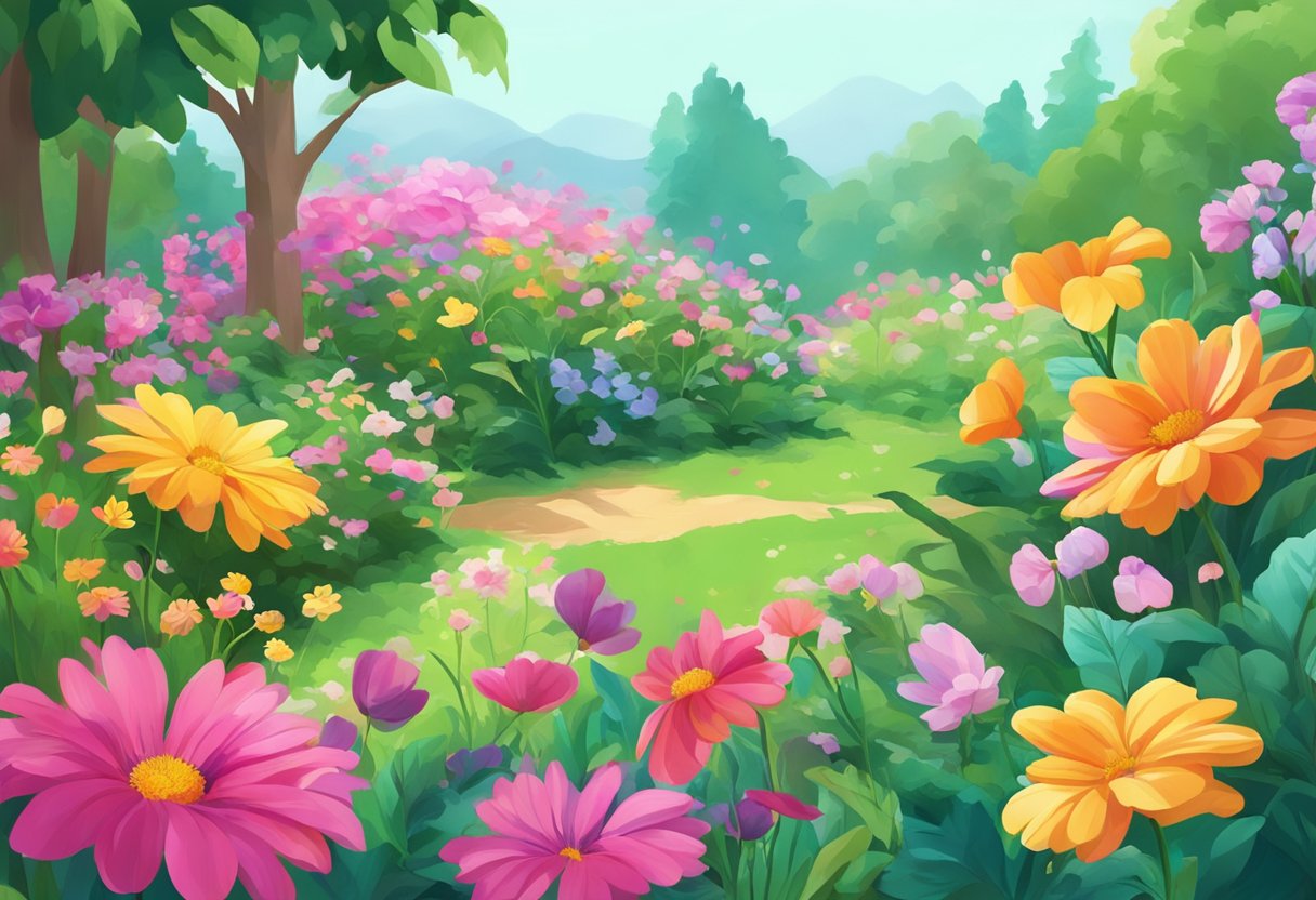 A vibrant garden of various flowers in full bloom, with colorful petals and lush green leaves, swaying gently in the breeze