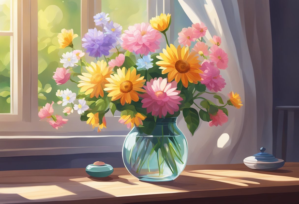 A vase of assorted flowers sits on a wooden table. Sunlight streams in through a nearby window, casting soft shadows on the petals and leaves