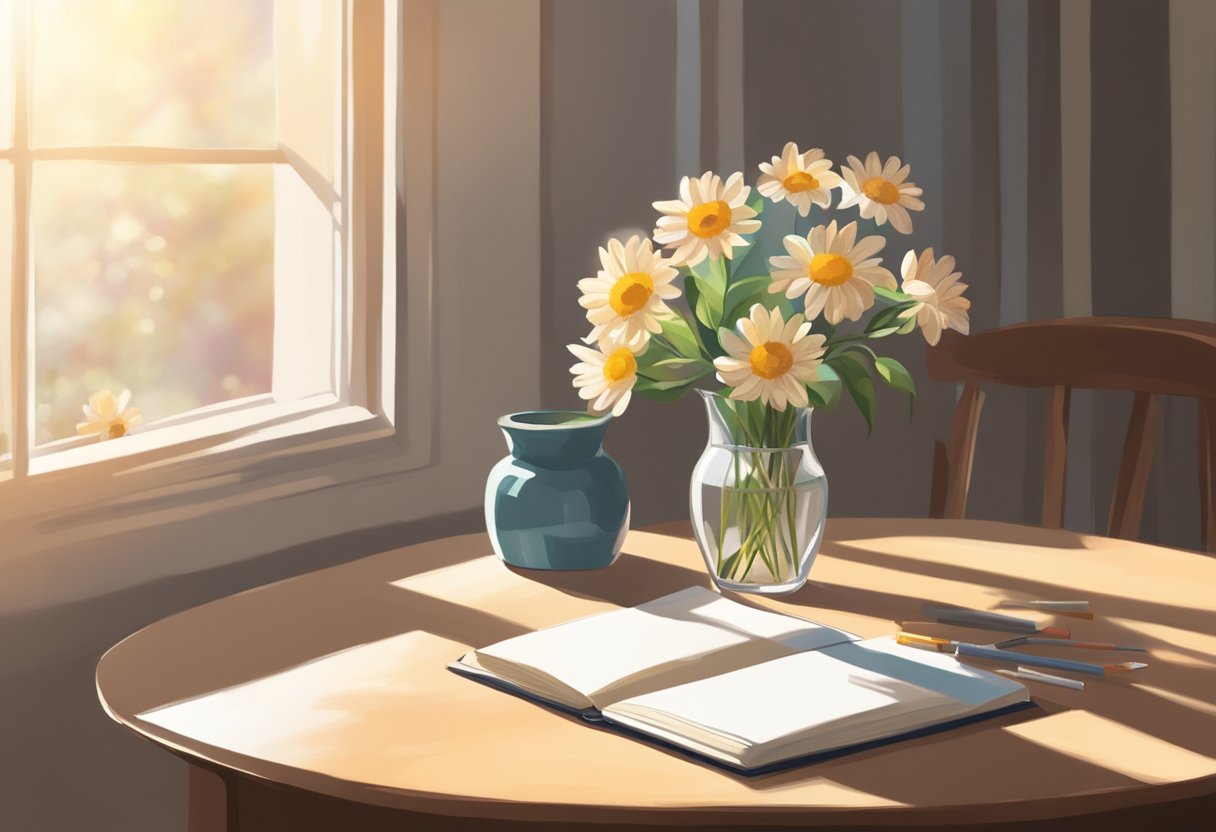 A table with a sketchbook, pencil, and eraser. A vase of flowers sits nearby. Sunlight streams in through a window, casting a warm glow on the workspace